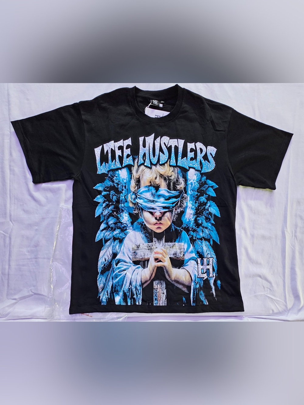 Life Hustler Hollywood Black Tee with Blue Angel Graphic Stones on front & back